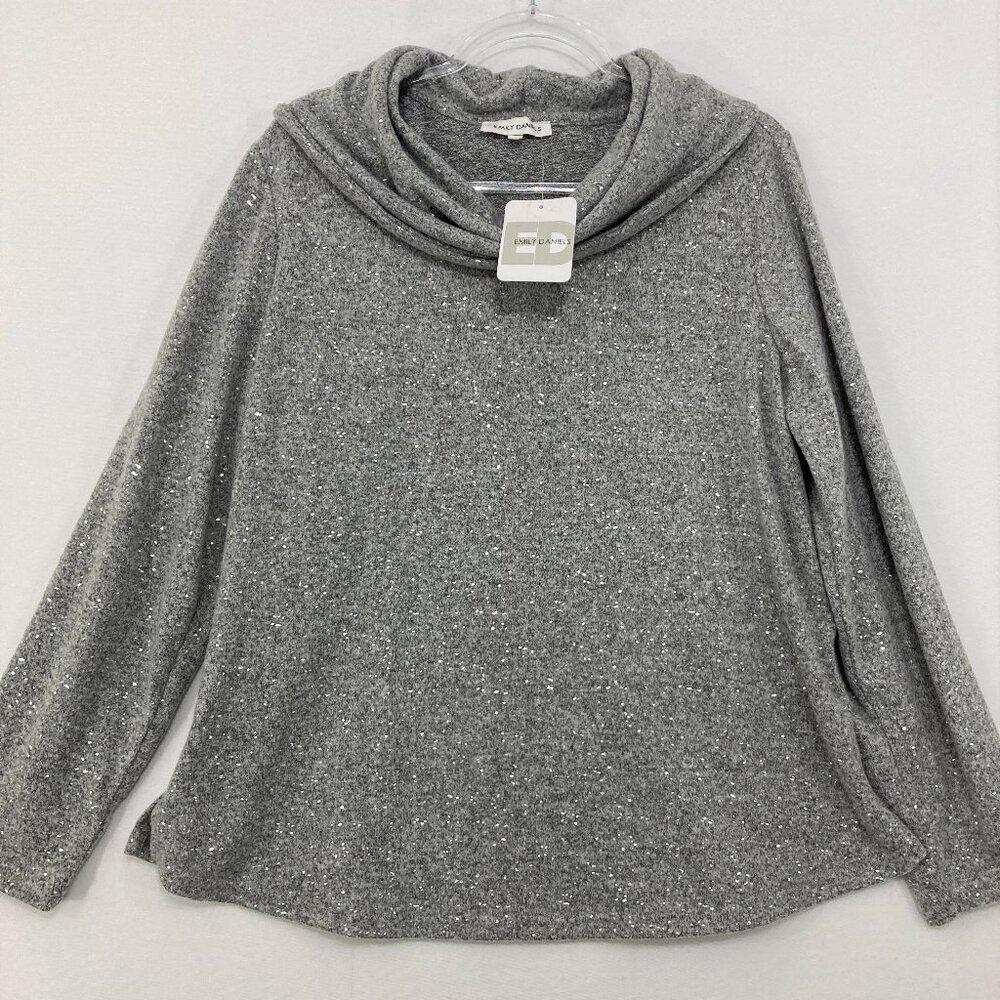 New Emily Daniels size XL Gray Metallic‎ Cowl Neck Stretch Knit Soft Sweater